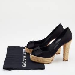 Pre Owned Louis Vuitton Black Suede Bow Detail Espadrille Peep Toe Platform Pumps Size 37