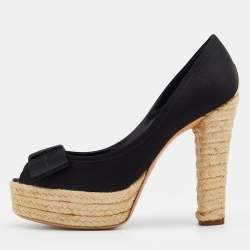 Pre Owned Louis Vuitton Black Suede Bow Detail Espadrille Peep Toe Platform Pumps Size 37