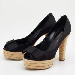 Pre Owned Louis Vuitton Black Suede Bow Detail Espadrille Peep Toe Platform Pumps Size 37