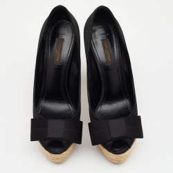 Pre Owned Louis Vuitton Black Suede Bow Detail Espadrille Peep Toe Platform Pumps Size 37