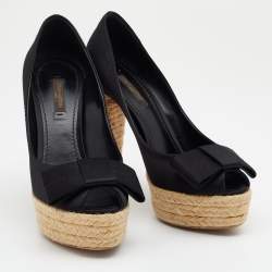 Pre Owned Louis Vuitton Black Suede Bow Detail Espadrille Peep Toe Platform Pumps Size 37