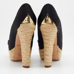 Pre Owned Louis Vuitton Black Suede Bow Detail Espadrille Peep Toe Platform Pumps Size 37