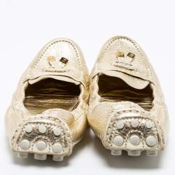 Pre Owned Louis Vuitton Metallic Gold Leather Bow Scrunch Slip On Loafers Size 41