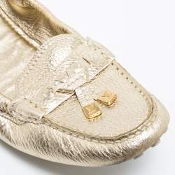 Pre Owned Louis Vuitton Metallic Gold Leather Bow Scrunch Slip On Loafers Size 41