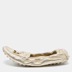 Pre Owned Louis Vuitton Metallic Gold Leather Bow Scrunch Slip On Loafers Size 41