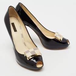 مملوكة مسبقًا Louis Vuitton Black Patent Leather Damier Azur Damia Peep-Toe Pumps Size 39.5