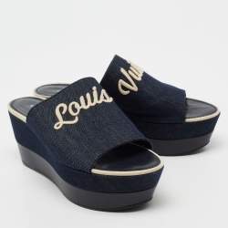 مملوكة مسبقًا Louis Vuitton Navy Blue Denim And Leather Wedge Slide  Sandals Size 40