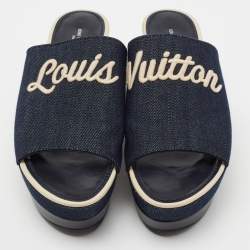 مملوكة مسبقًا Louis Vuitton Navy Blue Denim And Leather Wedge Slide  Sandals Size 40