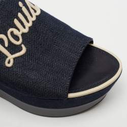 مملوكة مسبقًا Louis Vuitton Navy Blue Denim And Leather Wedge Slide  Sandals Size 40