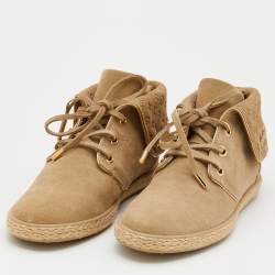 Pre Owned Louis Vuitton Beige Empreinte Suede Lace Up Booties Size 38