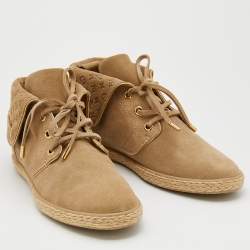Pre Owned Louis Vuitton Beige Empreinte Suede Lace Up Booties Size 38