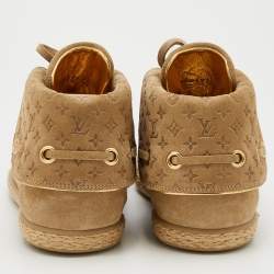 Pre Owned Louis Vuitton Beige Empreinte Suede Lace Up Booties Size 38