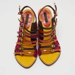 Pre Owned Louis Vuitton Multicolor Calf Hair And Patent Leather Tupelo Buckle Slingback Sandals Size 38.5