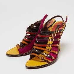 Pre Owned Louis Vuitton Multicolor Calf Hair And Patent Leather Tupelo Buckle Slingback Sandals Size 38.5