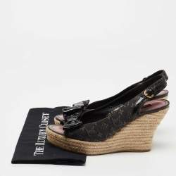 Pre Owned Louis Vuitton Black Monogram Denim And Patent Leather Bow Espadrille Platform Wedge Slingback Sandals Size 39