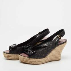 Pre Owned Louis Vuitton Black Monogram Denim And Patent Leather Bow Espadrille Platform Wedge Slingback Sandals Size 39