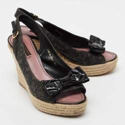 Pre Owned Louis Vuitton Black Monogram Denim And Patent Leather Bow Espadrille Platform Wedge Slingback Sandals Size 39