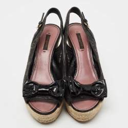 Pre Owned Louis Vuitton Black Monogram Denim And Patent Leather Bow Espadrille Platform Wedge Slingback Sandals Size 39