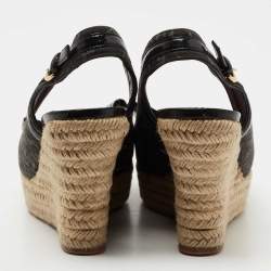Pre Owned Louis Vuitton Black Monogram Denim And Patent Leather Bow Espadrille Platform Wedge Slingback Sandals Size 39