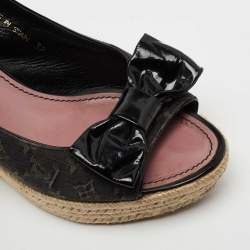 Pre Owned Louis Vuitton Black Monogram Denim And Patent Leather Bow Espadrille Platform Wedge Slingback Sandals Size 39