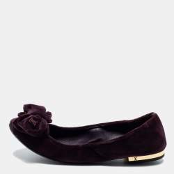 Pre Owned Louis Vuitton Plum Velvet Bow Scrunch Ballet Flats Size 36