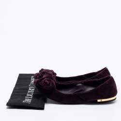 Pre Owned Louis Vuitton Plum Velvet Bow Scrunch Ballet Flats Size 36