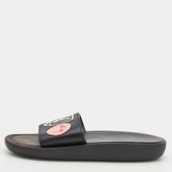Louis Vuitton Black Leather LV Flamingo Flat Slide Sandals Size 40