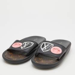 Louis Vuitton Black Leather LV Flamingo Flat Slide Sandals Size 40