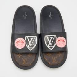 Louis Vuitton Black Leather LV Flamingo Flat Slide Sandals Size 40