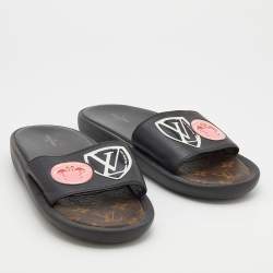 Louis Vuitton Black Leather LV Flamingo Flat Slide Sandals Size 40