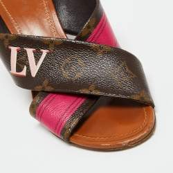 مملوكة مسبقًا Louis Vuitton Brown/Pink Monogram Canvas Panorama Slide Mule Sandals Size 37.5