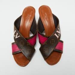 مملوكة مسبقًا Louis Vuitton Brown/Pink Monogram Canvas Panorama Slide Mule Sandals Size 37.5