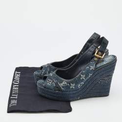 Louis Vuitton Denim Monogram Denim Bastille Espadrille Slingback Platform Wedge Sandals Size 38