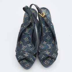 Louis Vuitton Denim Monogram Denim Bastille Espadrille Slingback Platform Wedge Sandals Size 38