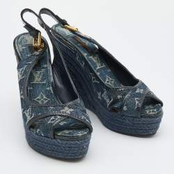 Louis Vuitton Denim Monogram Denim Bastille Espadrille Slingback Platform Wedge Sandals Size 38