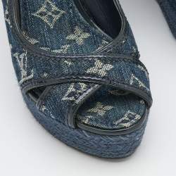 Louis Vuitton Denim Monogram Denim Bastille Espadrille Slingback Platform Wedge Sandals Size 38