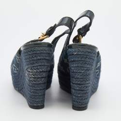 Louis Vuitton Denim Monogram Denim Bastille Espadrille Slingback Platform Wedge Sandals Size 38