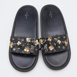 Louis Vuitton Black Patent Leather Applique Embellished Platform Slide Sandals Size 40