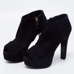 Louis Vuitton Black Suede Bow Peep Toe Ankle Booties Size 36.5