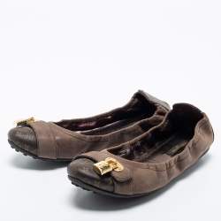 Pre Owned Louis Vuitton Brown Leather And Monogram Canvas Ballet Flats Size 37.5