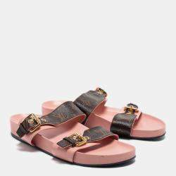 مملوكة مسبقًا Louis Vuitton Pink/Brown Leather and Monogram Canvas Bom Dia Slides Size 39  