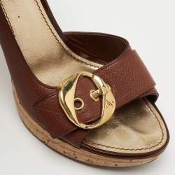 Louis Vuitton Brown Leather Cork Platform Slingback Sandals Size 39