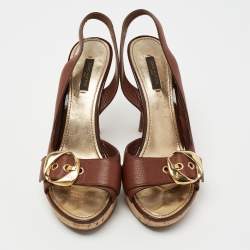 Louis Vuitton Brown Leather Cork Platform Slingback Sandals Size 39
