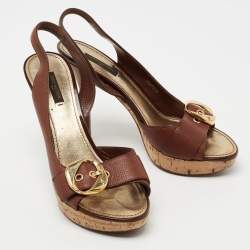 Louis Vuitton Brown Leather Cork Platform Slingback Sandals Size 39