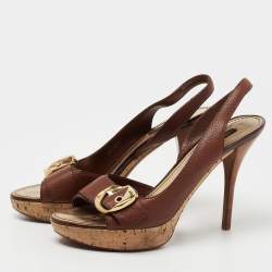 Louis Vuitton Brown Leather Cork Platform Slingback Sandals Size 39