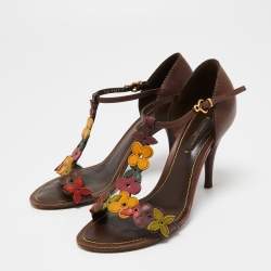 Louis Vuitton Brown  Leather  T Strap Sandals Size 36.5