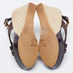 Louis Vuitton Brown Patent and Canvas Wedge Ankle Strap Sandals Size 36.5