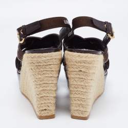 Louis Vuitton Brown Patent and Canvas Wedge Ankle Strap Sandals Size 36.5