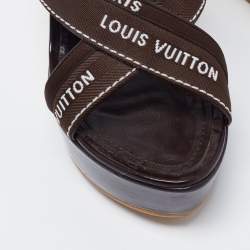 Louis Vuitton Brown Patent and Canvas Wedge Ankle Strap Sandals Size 36.5