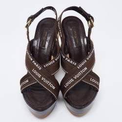 Louis Vuitton Brown Patent and Canvas Wedge Ankle Strap Sandals Size 36.5